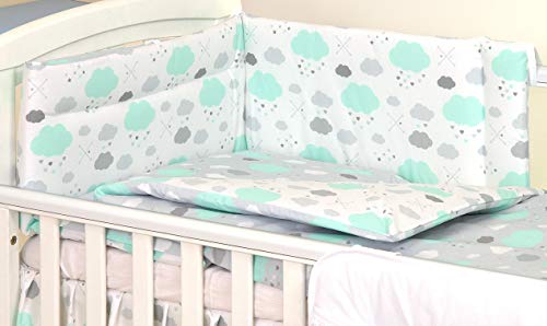 Pro Cosmo 3 Piezas Conjuto Set de Ropa Protector de cuna- Algodón Mint Clouds 120 x 60 cm Funda Nórdica 120 x 90 Nuages de menthe grises nube