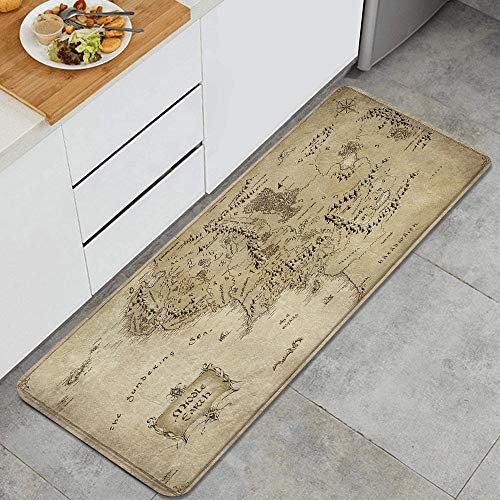 QINCO Anti Fatiga Cocina Alfombra del Piso,Mapa del Señor del Anillo de la Tierra Media,Antideslizante Acolchado Puerta Habitación Bañera Alfombra Almohadilla,120 x 45cm