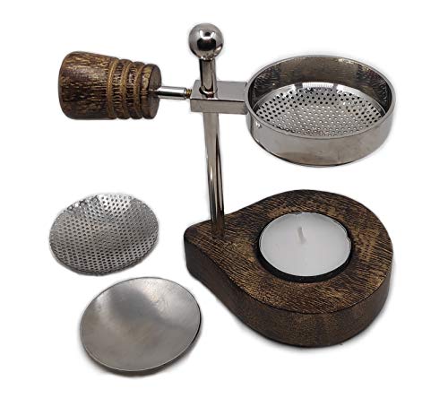 Quemador de Incienso, de Altura Regulable, con Filtro Adicional y una Placa para aceites aromáticos, Ideal para Quemar p. ej. Incienso, Mirra, Hojas y virutas para ahumar. (Plata)