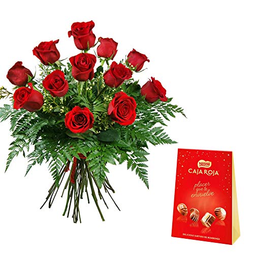 RAMO DE 12 ROSAS ROJAS + BOMBONES 100 GR. AÑADE TU DEDICATORIA