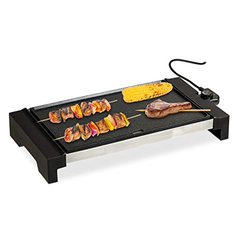 Relaxdays Plancha Cocina, Amplia Superficie, Grill Eléctrico 1500 W, Parrilla para Asar, Aluminio, 42 x 27 cm, Negro