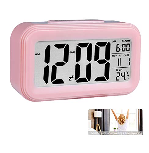 Reloj de Alarma Digital ,LCD Pantalla Reloj Alarma Inteligente y con Pantalla de Fecha y Temperatura Función Despertador con Sensor de luz y función Snooze Funciones, para Niños Adultos(Rosado)