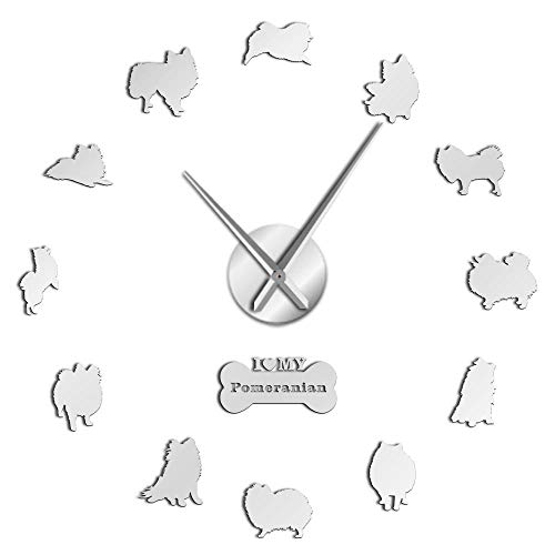 Reloj de Pared Pomerania de Raza de Perro Deutscher Spitz DIY Reloj de Pared sin Marco Aguja Grande Efecto de Espejo Pom Acrílico Big Time Clock-Silver_47_ Pulgada