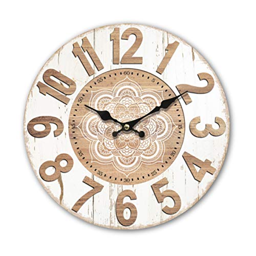 Reloj de pared redondo de madera MDF de 34 cm, mandala, geométrico, espiritual, efecto madera, números estampados, números árabes, reloj de mandala, sala de estar, dormitorio y cocina, multicolor