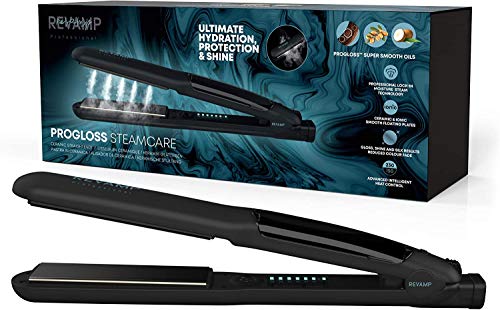 REVAMP ST-1600-EU Progloss Plancha De Pelo Profesional Con Vapor Y Placas Flotantes De Cerámica Iónica, Alisador Con Aceites De Queratina, Coco Y Argán Para Cuidar El Cabello, Cable Giratorio De 3M