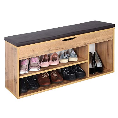 RICOO WM034-EW-B, Banco Zapatero, 104x49x30cm, Armario Interior con Asiento, Organizador Zapatos, Mueble recibidor, Perchero, Madera Roble marrón