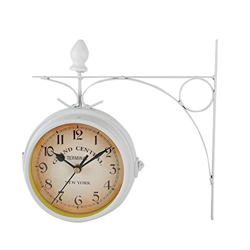 SANON Reloj de Pared de Jardín Relojes de Pared Retro Sala de Estar de Doble Cara de Metal Mudo para Sala de Estar Dormitorio Decoración de Arte de Pared para El Hogar (Blanco)