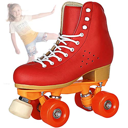 SHHAN Patines De Rodillos, Patines De Doble Rodillo De Cuero De Doble Fila Double Fila PU 4 Ruedas Patines, para Mujeres Hombres Adulto para Exteriores Al Aire Libre,Rojo,44