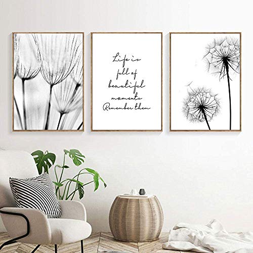 SHINERING Cuadros en blanco y negro Dandelion pintura lienzo Quote Art Print Nordic Dandelion Poster Wall Art Camera (35 x 50 x 3 marco)