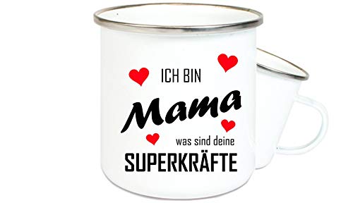 Shirtstown Taza esmaltada, diseño con texto en alemán "Ich bin Mama was sind deine SuperkrÄFTE"