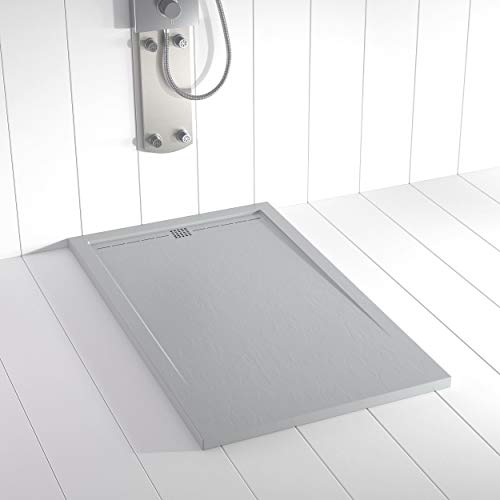 Shower Online Plato de ducha Resina FLOW - 70x130 - Textura Pizarra - Antideslizante - Todas las medidas disponibles - Incluye Rejilla Color Gris y Sifón - Gris RAL 7035