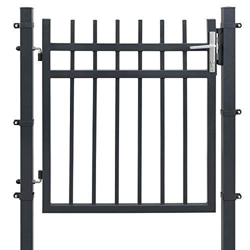 SONGMICS Puerta de Jardín de Hierro Galvanizado, Puerta para Valla, Robusta y Duradera, con Cerradura, Manija y Llave, 106 x 100 cm (Longitud x Altura), Gris GGD350G