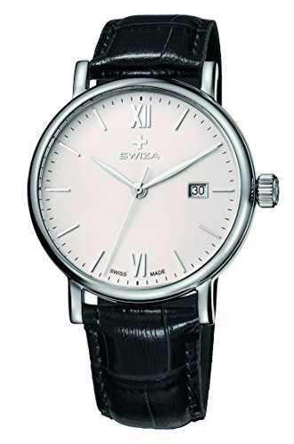 SWIZA Alza - Reloj de Cuarzo para Hombre, Acero Inoxidable 316L, con Fecha, Correa de Piel Negra, Fabricado en Suiza