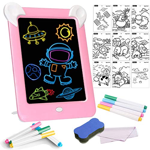 Tableta de Dibujo Pizarra 3D Mágica con Luces LED Educativo Infantil Borrable Dibujo de Graffiti Colorido Luminoso sin Papel & Marco de Fotos Regalos Juguetes para Niños (Rosa)