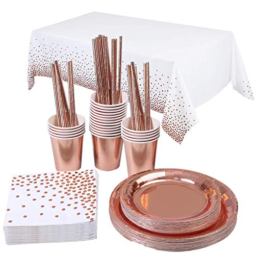 Topways® Platos Desechables Kit para Mesa de Fiesta para 16 Personas Accesorio de Decoración de Fiesta de Cumpleaños-Utensilios para Celebración–Mantel,Platos,Vasos,Servilletas y Pajitas