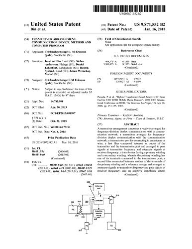 Transceiver arrangement, communication device, method and computer program: United States Patent 9871552 (English Edition)