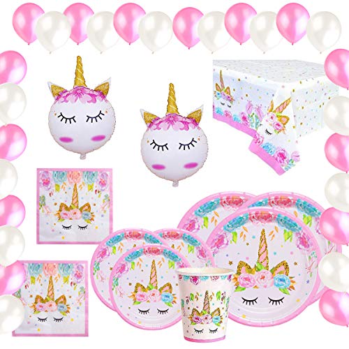 Vajilla Papel Cumpleaños Unicornio Rosa para 16 Invitados,101 Piezas Incluye Platos, Vasos, Mantel, Servilletas y Globos,Ideal para Niñas y Infantiles…