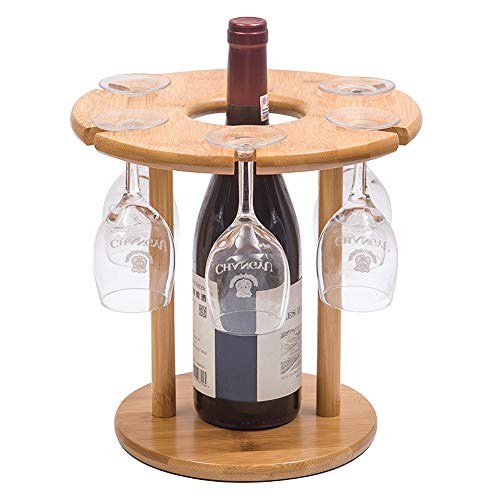 VANDA Soporte para Botellas y Copas de Vino, bambú Natural, con 6 Soportes para Copas y 1 Soporte para Botellas, Amantes del Vino o Invitados, Fiestas o Banquetes