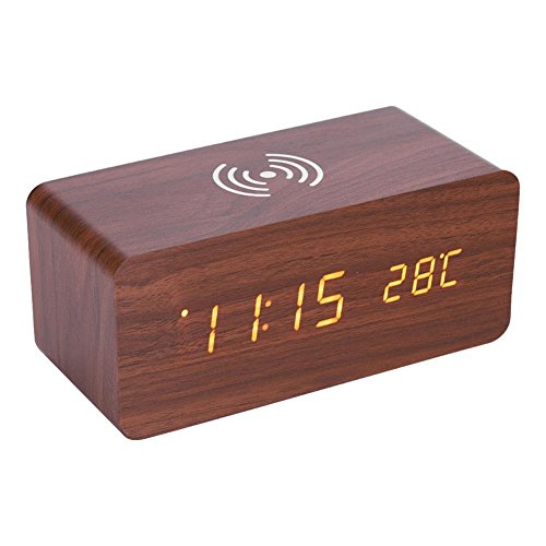 Vbestlife Qi Wireless Charging Altavoz Despertador Portátil con LED Luz Reloj Espejo Pantalla 75% Eficiencia de Carga Sonido Control Digital Reloj de Mesa(Madera marrón)