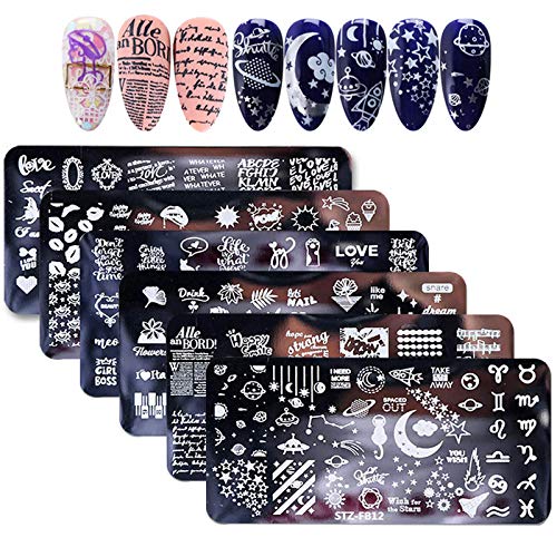 Vetpw 6 Piezas Nail Stamping Plates, Placas de Uñas, Placas Estampacion Uñas con patrón Starry Sky Moon Cat Lips, Nail Art Estampador de Uñas para Salón Casa