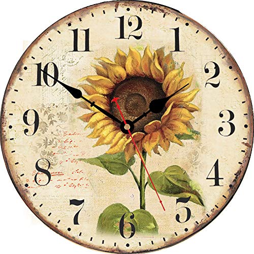 VIKMARI Estilo Decorativo Relojes de Pared Flores Vintage Floral de Madera Redondo Reloj de Pared 14 Inch Girasol
