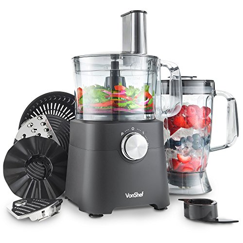 VonShef Procesador de Alimentos 750 W – Licuadora, Picadora, Exprimidor, Multi Mezclador con Cuchilla para Masa, Trituradora y Accesorio para Rallar