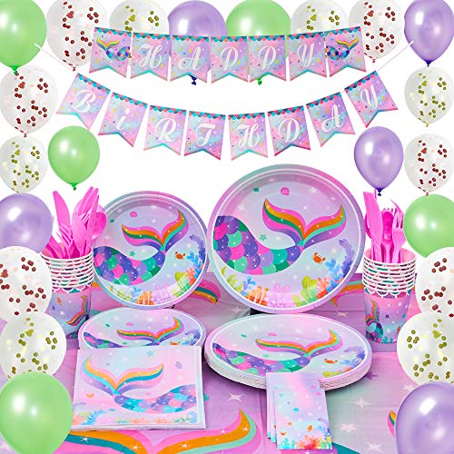 WERNNSAI Sirena Decoraciones de Fiesta Kit - Verano Piscina Suministros de Fiesta para Chicas Sirena Cumpleaños Bandera Globos Manteles Platos Tazas Servilletas Vajilla Sirve 16 Invitados 153 Piezas