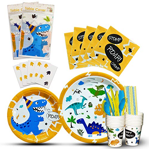 WERNNSAI Vajilla de Dinosaurio Set - Suministros para la Fiesta para Chicos Niños Cumpleaños Baby Shower Boda Includes Servilletas Cubiertos Mantel Platos Copas Pajitas Utensilios Sirve a 16 Invitados