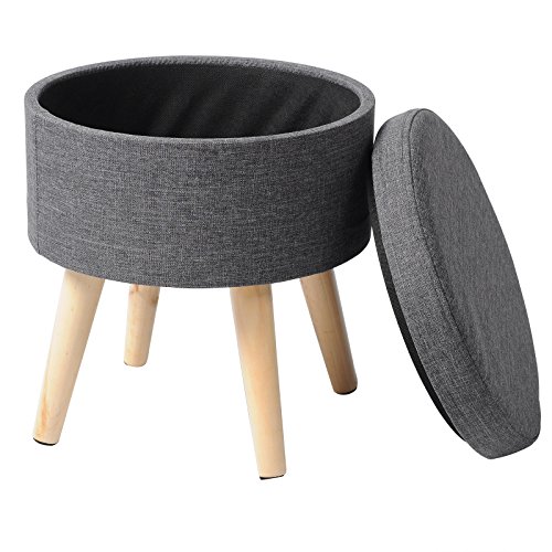 WOLTU Taburete Redondo Puff Caja de Almacenamiento Taburete de Almacenamiento Asiento para Dormitorio Tapa Extraíble Asiento de Lino con Patas Madera Maciza, Gris Oscuro, SH08dgr-1