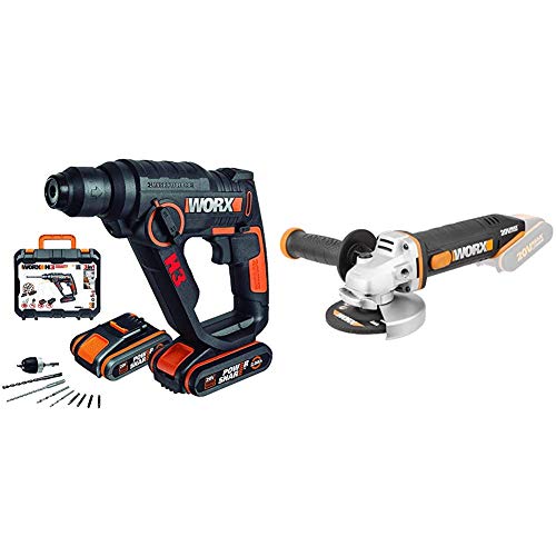 Worx WX390.1 Martillo Atornillador, 20 W, 20 V, Negro, Única + WX800.9 - Amoladora angular radial 115mm 20V, 8600RPM, 1 disco de corte metal, 20 V