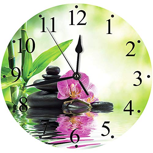 Yaoni Silencioso Wall Clock Decoración de hogar de Reloj de Redondo,Art SPA, orquídeas y Rocas en The Mineral Rich Spring Water Tratamiento Espiritual Profundo,para Hogar, Sala de Estar, el Aula