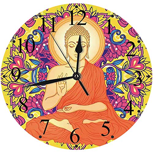 Yaoni Silencioso Wall Clock Decoración de hogar de Reloj de Redondo,Decoración asiática, patrón Redondo Mandala Adornado con Flores y Amor ilustración esotéric,para Hogar, Sala de Estar, el Aula