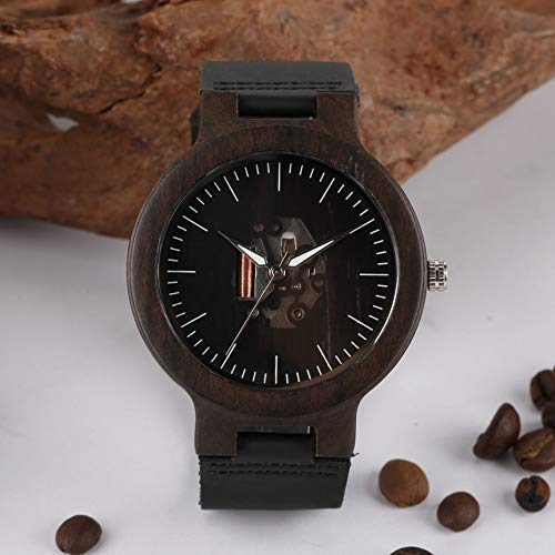 YJRIC Reloj de Madera Reloj de Madera de ébano para Hombre, Reloj de Pulsera con Esfera Hueca y Esqueleto para Hombre,   Relojes creativos de Cuero con Rayas Retro leñosas, Regalo para Hombre