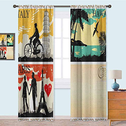 YUAZHOQI Cortinas para dormitorio postales de Italia Hawaii París Exotic Places in The World Nostalgic Times Drape Blackout Drape para comedor 108 pulgadas de largo, multicolor