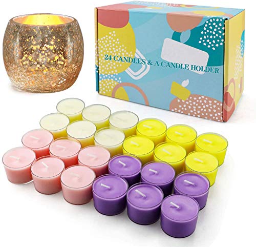 YUE GANG Velas de té 8 Horas de Combustión, Velas Candelita con Candelabros Oro,Juegos de 24 Velas Candelitas Perfumadas