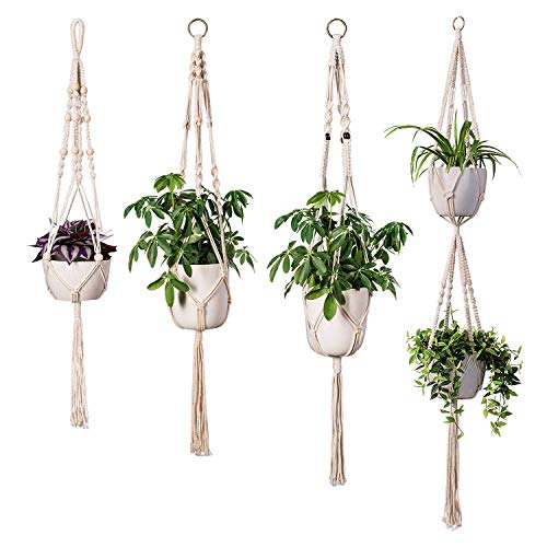 YUK - Juego de 4 Perchas para Plantas de macramé en Diferentes diseños Hechos a Mano para Colgar en la Pared para Interiores, decoración Moderna de Estilo Bohemio