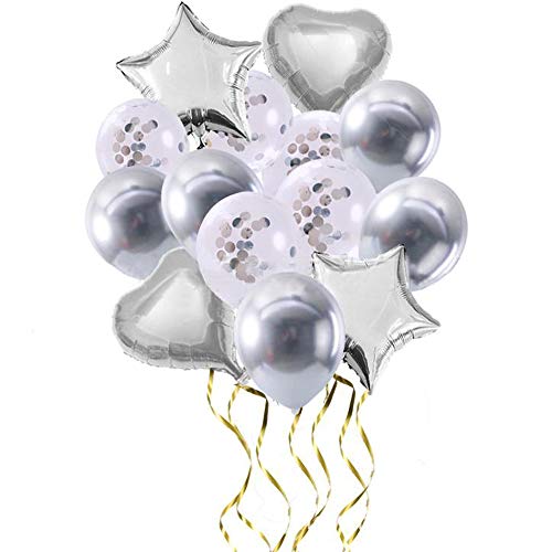 yyuezhi 14 Piezas Juego de Globos de látex Globos en Forma de Corazón y Estrella para Bodas Decoración de Fiesta de Cumpleaños Duchas de Novia y Bebés Globo Estrella Globo Corazón (Plata)