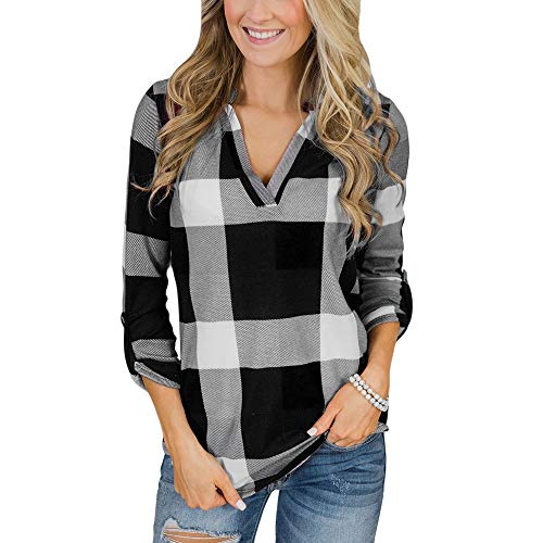 ZODOF Mujer Camiseta Roll Up Manga Larga con Cuello en V botón de Tela Escocesa impresión Bolsillo Blusa Top Camisetas Manga Larga Solapa Camisa,Chica Casual Blusa Solapa Camisetas