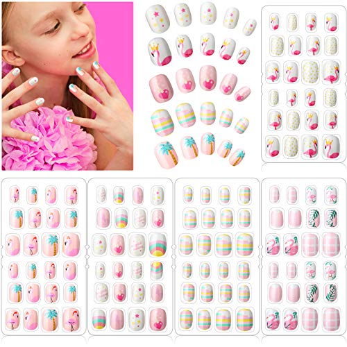 120 Uñas Postizas de Niñas a Presión Puntas de Uñas Artificiales Postizas Cortas de Cubierta Completa de Niños para Decoración Arte de Uñas, 5 Cajas (Arcoiris y Flamenco)