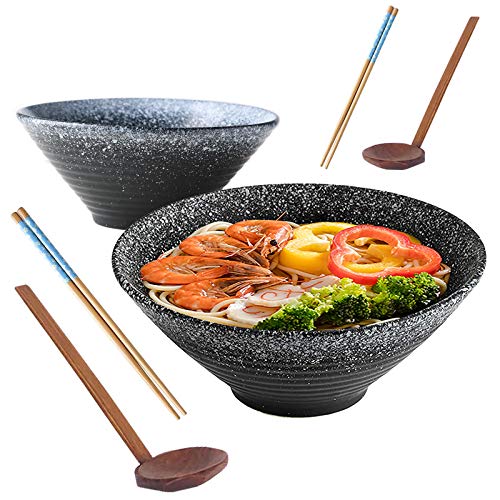 2X Tazón De Ramen Japonés De Cerámica, 9Inch/1350ml, Tazón Sopa Grande con Cuchara Palillos a Juego, Cuenco Cereal, Cuenco Ensalada, Udon, Soba, Asian Fideos.