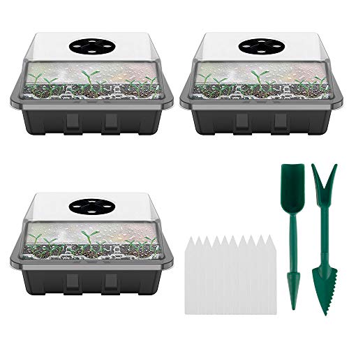 3pcs Bandejas de Semilleros Bandeja de Plántulas Caja de Plántulas de 12 Agujeros 19*14.5*11cm Cubierta Transpirable Ajustable Bandeja de Germinación para Uso en Tiendas Domésticas con Etiqueta