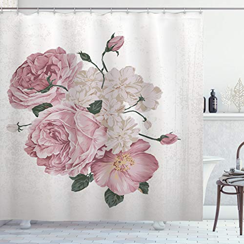 ABAKUHAUS Rosa Cortina de Baño, Antiguo Rosas Ramillete de Grunge, Material Resistente al Agua Durable Estampa Digital, 175 x 200 cm, Rose Beige Verde