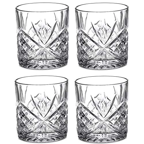 Amisglass Juego de Vaso de Whisky, Vaso Set 4 Piezas de Cristal Sin Plomo para Whisky, Vino, Vaso Clásica para Licores Whisky con Cuerpo Grabado, Cócteles y Jugo - 300 ml