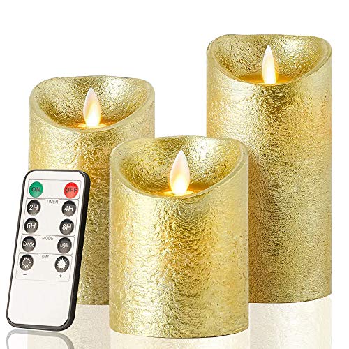 AnnSpa 3 Set Velas de LED sin Pilares de pilas Llama con Control Remoto, de Cera Real Parpadeo Mecha móvil Parpadeo Ámbar Luz amarilla Velas, Cera Sin Perfume para Regalo y decoración (Gold)