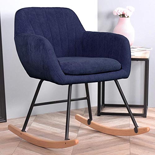 BAKAJI Sillón Mecedora Relax casa Revestimiento de Tela Estructura Madera Acolchada Patas de Metal Base Mecedora Madera tamaño 79 x 69 x 55 cm diseño Moderno (Azul Oscuro)