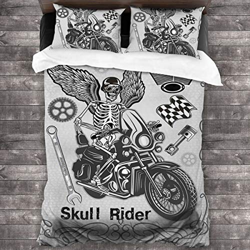 BEITUOLA Juego de Funda nórdica,Evil Hipster Dead Skull Skeleton Motorbike Rider Wings Drive To Hell Humor Imagen,1 Funda de Edredón y 2 Fundas de Almohada 240 x 260cm