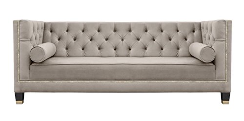 Belle Fierté Sofá Chesterfield de terciopelo de 3 plazas con tachuelas, color gris pardo