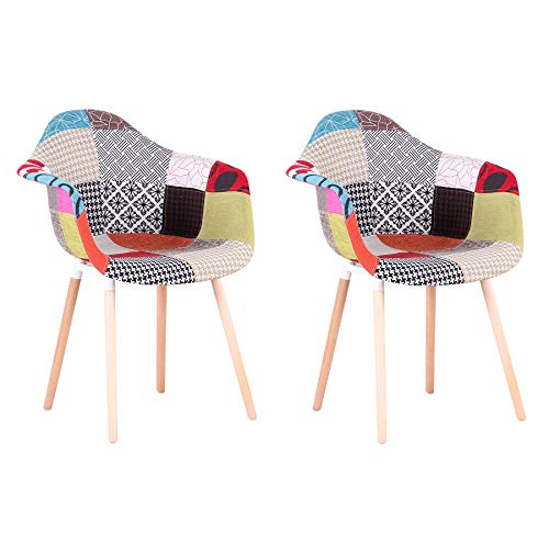 BenyLed Juego de 2 Sillones de Tela para Comedor Tapizados en Tela de Patchwork con Patas de Madera de Haya Natural Maciza (Rojo)