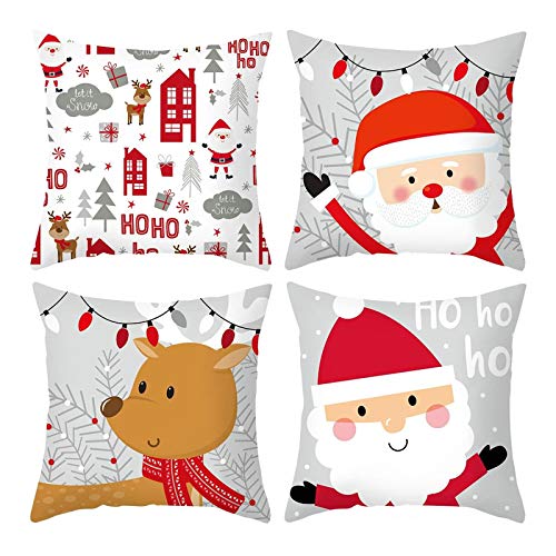 Beydodo 4 Fundas Cojin Sofa Fundas Cojin 50X50 Papá Noel y Ciervos Hohoho Blanco Rojo Marrón