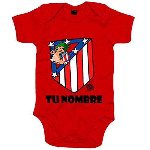 Body bebé El Escudo del Atleti clásico personalizable con nombre ilustrado por Jorge Crespo Cano - Rojo, Talla única 12 meses